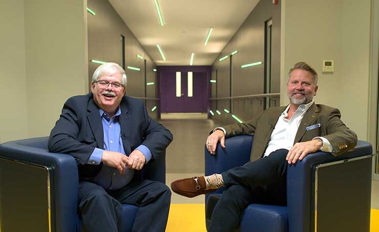 Data Center Frontier Editor Rich Miller (left) speaks with Doug Adams, President and CEO of NTT GLobal Data Centers Americas, at the company&rsquo;s facility in Ashburn, Virginia. (Photo: NTT GDCA)