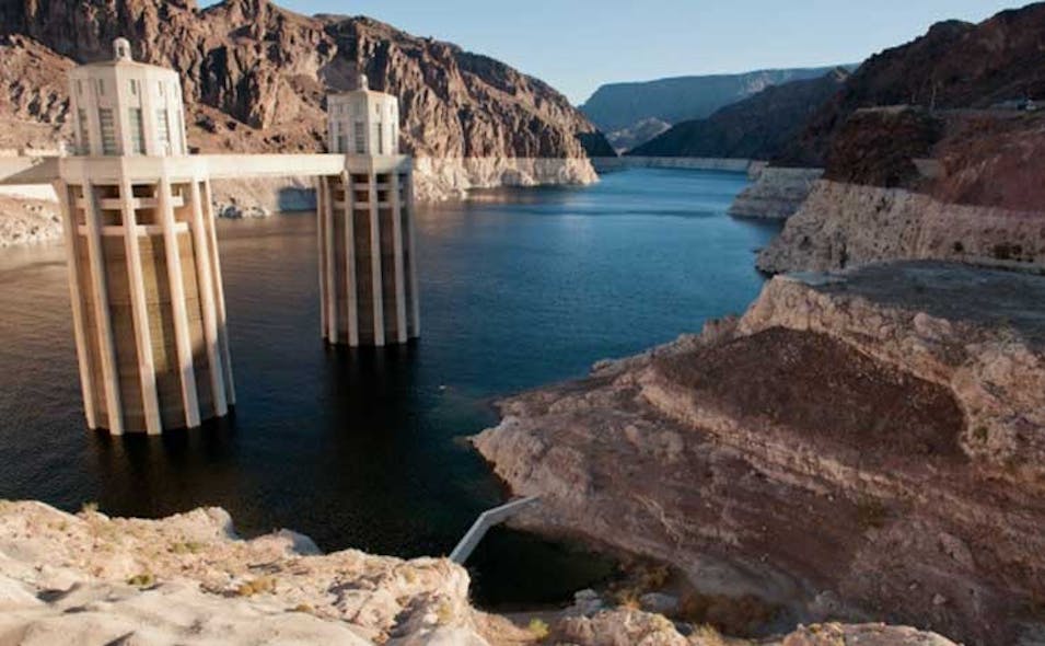 The water intakes for Lake Mead by Hoover Dam, with reduced water levels seen on the canyon walls. (Photo: U.S. Bureau of Reclamation)