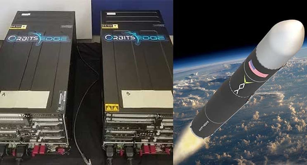 At left,, an OrbitsEdge SatFrame server developed in partnership with Hewlett Packard Enterrpise (HPA)&gt; At right, a Vaya Space launch vehicle. (Images: OrbitsEdge, Vaya Space)