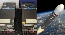 At left,, an OrbitsEdge SatFrame server developed in partnership with Hewlett Packard Enterrpise (HPA)&gt; At right, a Vaya Space launch vehicle. (Images: OrbitsEdge, Vaya Space)