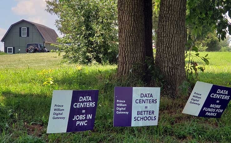 Signs lining Pageland Road in Manassas, Virginia touting the economic benefits of data centers. (Photo: Rich Miller)