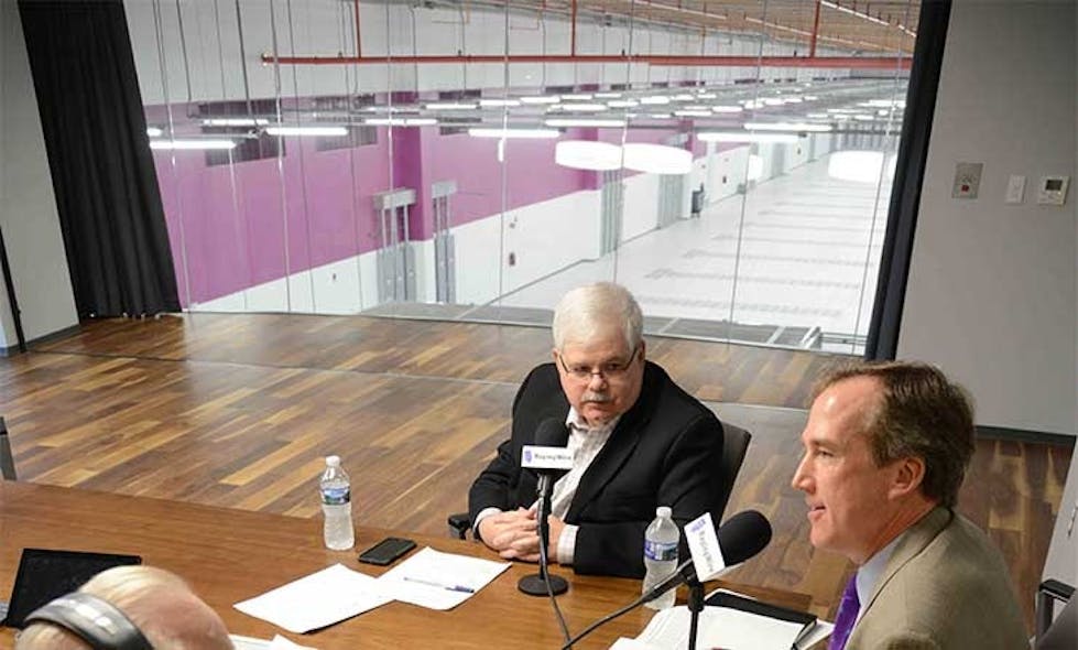 Data centers and podcasts &ndash; perfect together. DCF Editor Rich Miller tapinf a podcast with Jim Leach at the NTT Global Data Centers Campus in Virginia in 2016. (Photo: NTT Global Data Centers)