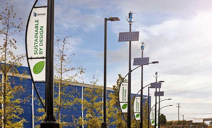 Solar panels and windmills line the roads and parking areas at the Vantage Data Centers campus in Ashburn, Virginia. (Photo: Vantage Data Centers)