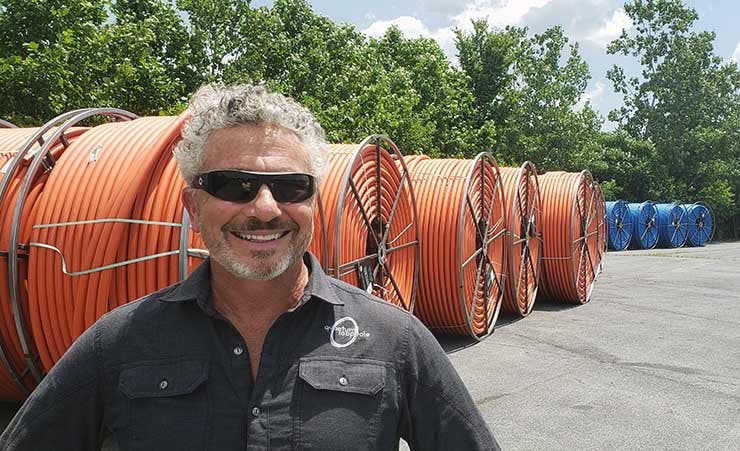 Quantum Loophole CEO Josh Snowhorn with reels of 2-inch innerduct for a new fiber ring connecting the company&rsquo;s data center campus in Adamstown, Md. to the Northern Virginia cloud cluster. (Photo: Rich Miller)