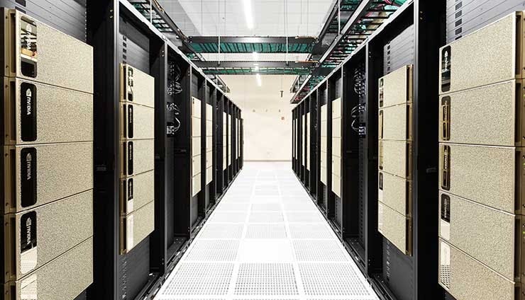 Rows of NVIDIA DGX systems supported by NVIDIA Spectrum-4 , a 400Gbps end-to-end networking platform. (Image: NVIDIA)