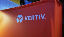 The Vertiv logo on an exhibit hall booth. (Photo: Rich Miller)
