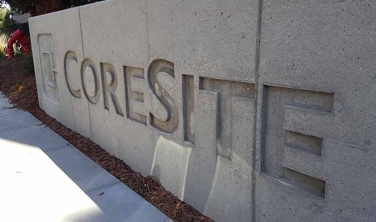 The CoreSite logo at the company campus in Santa Clara. (Photo: Rich Miller)