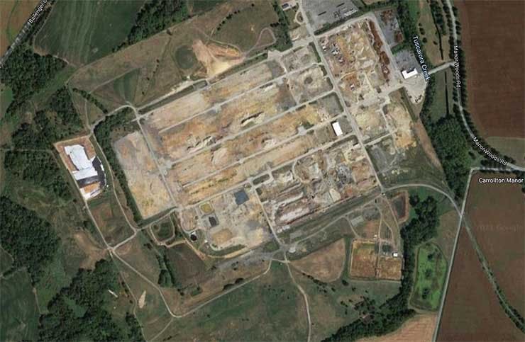 An aerial view of the former Alcoa Eastalco Works plant near Adamstown, Md., which has been acquired for data center development by QUantum Loophole and TPG Real Estate Partners. (Image: Google Maps)