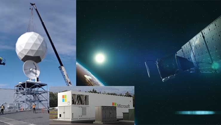 Microsoft&rsquo;s Azure space strategy includes satellites, ground stations at its data centers, and modular data centers with satellite broadband connections. (Images: Microsoft)