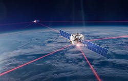 An illustration of Mynaric laser communications sending data across a constellation of low earth satellites. (Image: Mynaric) An illustration of Mynaric laser communications sending data across a constellation of low earth satellites. (Image: Mynaric)
