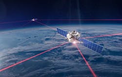 An illustration of Mynaric laser communications sending data across a constellation of low earth satellites. (Image: Mynaric)