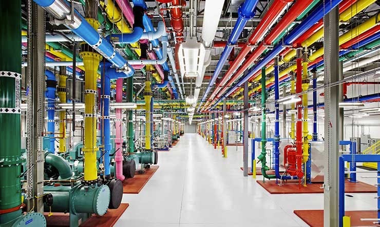 Large pipes sporting Google&rsquo;s logo colors move water throughout the cooling plant at the Google&rsquo; data center in Douglas County, Georgia. (Photo: Google)
