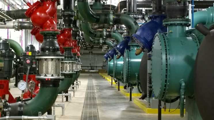The massive chiller plant inside the Digital Realty ACC7 data center in Ashburn, Virginia. (Photo: Rich Miller)