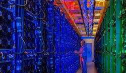 The colorful hot aisle of a high-density enclosure at the Microsoft data center in Boydton, Virginia, which has became a focal point of the company&rsquo;s cloud development. (Photo: Microsoft Corp.)