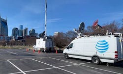 AT&amp;T deploys a temporary cell tower in Nashville, with the company&rsquo;s iconic office tower visible at left. A Christmas Day explosion damaged the company&rsquo;s central office on Second Avenue, causing widespread network outages. (Image: AT&amp;T)