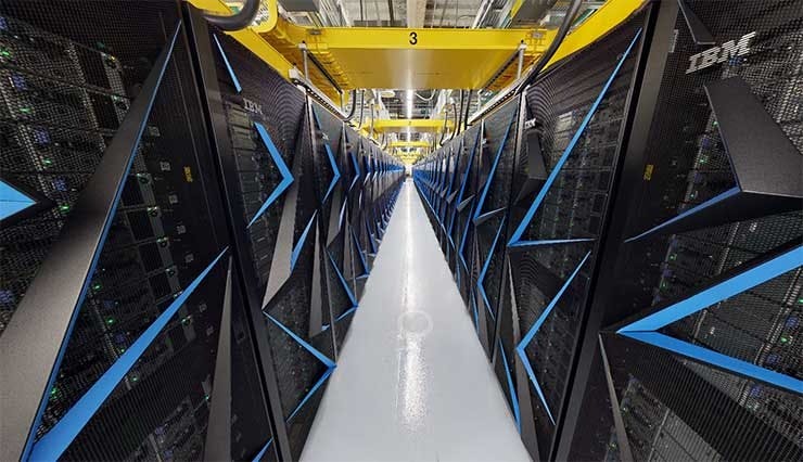 Inside the aisles of the Summit supercomputer, the number two entry in the Top 500 list of the world&rsquo;s most powerful computer systems. (Image: Oak Ridge National Labs)