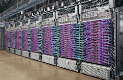 An eight-rack pod of Google’s liquid-cooled TPU version 3 servers for artificial intelligence workloads. (Image: Google) An eight-rack pod of Google’s liquid-cooled TPU version 3 servers for artificial intelligence workloads. (Image: Google)