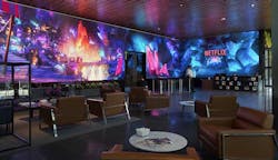 The walls of the Netflix headquarters building in Hollywood feature an immersive 80-foot, long video wall. (Photo: Netflix) The walls of the Netflix headquarters building in Hollywood feature an immersive 80-foot, long video wall. (Photo: Netflix)