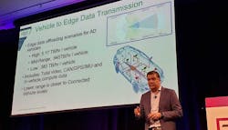 Vish Nandlall, VP at Dell Technologies and board member of the Automotive Edge Computing Consortium, outlines the data requirements for autonomous cars at Edge Computing World in December. (Photo: Rich Miller)