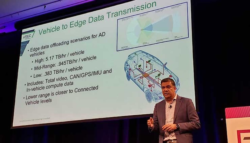 Vish Nandlall, VP at Dell Technologies and board member of the Automotive Edge Computing Consortium, outlines the data requirements for autonomous cars at Edge Computing World in December. (Photo: Rich Miller)