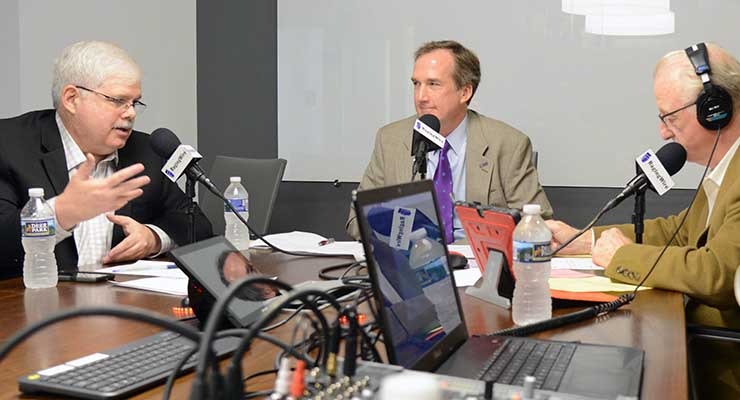 A taping for the Inside Data Centers podcast, featuring (from left) Data Center Frontier editor Rich Miller, RagingWire&rsquo;s Jim Leach, and host John Gilroy. (Photo: RagingWire)
