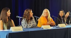 Participating in a panel at the Women of Mission Critical conference were (from left) : Catherine Bedell of Vapor IO, Google&rsquo;s Heather Dooley, Nancy Novak of Compass Datacenters, Krystyna Witt of Evoque Data Centers, and Jenny Zhan from EdgeConneX. (Photo: Rich Miller)