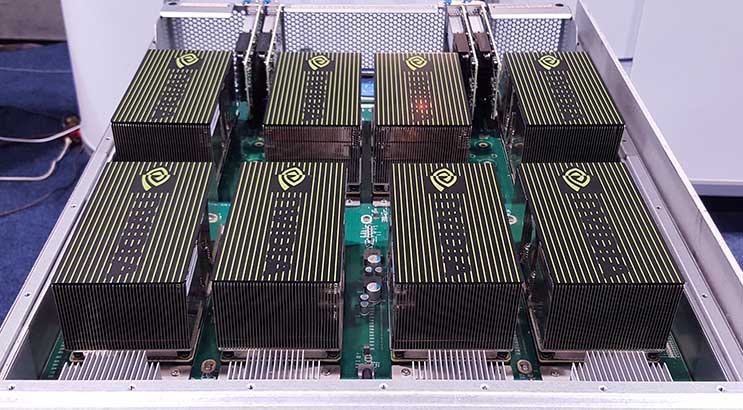 The NVIDIA DGX-1 is packed with GPUs, providing 170 teraflops of computing power in a 3U form factor. DGX systems are commonly used for natural language processing. (Photo: Rich Miller)