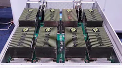 The NVIDIA DGX-1 is packed with GPUs, providing 170 teraflops of computing power in a 3U form factor. DGX systems are commonly used for natural language processing. (Photo: Rich Miller)