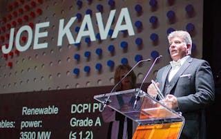 Joe Kava, who heads the data center operation at Google, is honored as the Infrastructure Masons 2019 Sustainability Champion at the recent Datacloud Congress in Monaco. (Photo: Jonothan Mazewski for iMasons)