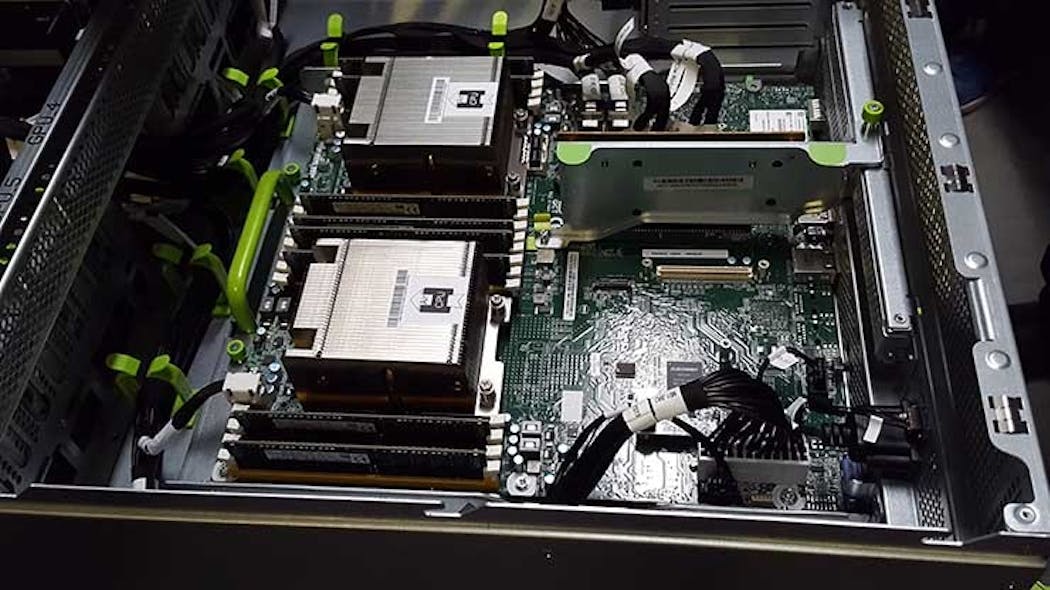 A look inside a custom machine learning server developed by Facebook, showing the CPUs and motherboard. The unit also uses GPUs. (Photo: Rich Miller)
