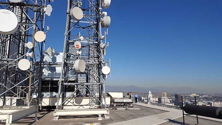 The rooftop of the One Wilshire carrier hotel in Los Angeles illustrates how wireless infrastructure can boost data center properties. The emergence of 5G wireless may create more examples. (Photo: Rich Miller)