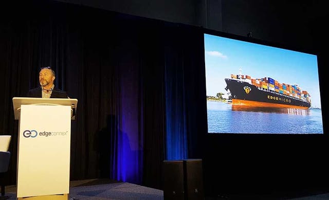 Josh Snowhorn, CTO of EdgeMicro, speaks at the Edge Congress 2018 in Austin. Snowhorn envisions thousands of container-based data centers powering edge networking. (Photo: Rich Miller)