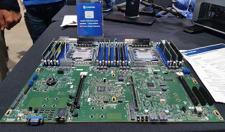 There was lots of new hardware options this year, prompted by growth in AI and IoT demand. Cavium displayed its Thunder X2 dual socket ARM server at the Open Compute Summit in Santa Clara. (Photo: Rich Miller)