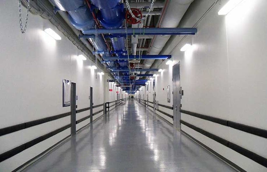 A long hallway inside the NYSE data center in Mahwah, New Jersey, one of the largest and most resilient financial sector data centers in the world. (Photo: Rich Miller)