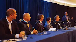 The Data Center 360 panel at the CAPRE Mid-Atlantic Summit featured service provders operating in Northern Virginia. From left to right: CoreSite’s Juan Font, Lee Kestler of Vantage Data Center, RagingWire’s Jim Leach, analyst Chris Moon of ING, Ken Parent of Element Critical, and moderator Dan Ephraim of Infomart Data Centers (Photo: Rich Miller)