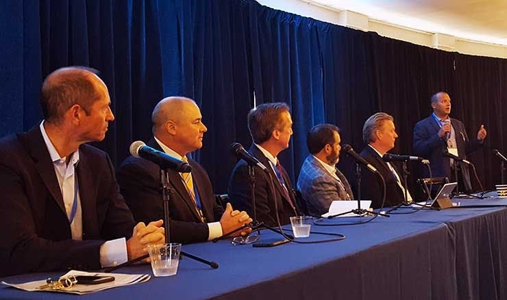 The Data Center 360 panel at the CAPRE Mid-Atlantic Summit featured service provders operating in Northern Virginia. From left to right: CoreSite&rsquo;s Juan Font, Lee Kestler of Vantage Data Center, RagingWire&rsquo;s Jim Leach, analyst Chris Moon of ING, Ken Parent of Element Critical, and moderator Dan Ephraim of Infomart Data Centers (Photo: Rich Miller)