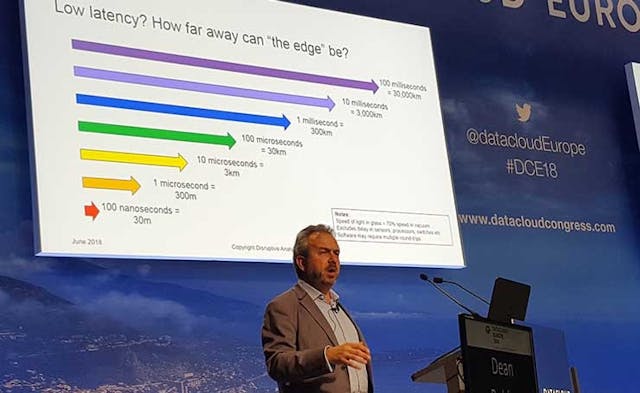 Dean Bubley, a futurist at Disruptive Analysis, looked at latency in edge computing at the recent Datacloud Europe in Monaco. (Photo: Rich Miller)