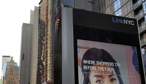 LinkNYC kiosks are deployed at 7,500 locations across Manhattan, replacing payphones with ad-supported wifi and services. (Photo: Rich Miller)
