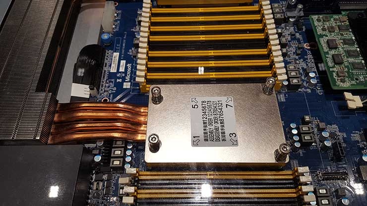 A Project Olympus server design with an optional remote heat sink, which can be used to incorporate water-cooling, on display at the Microsoft booth at the the Open Compute Summit 2018, brings water to the chip to handle high-density cooling. (Photo: Rich Miller)