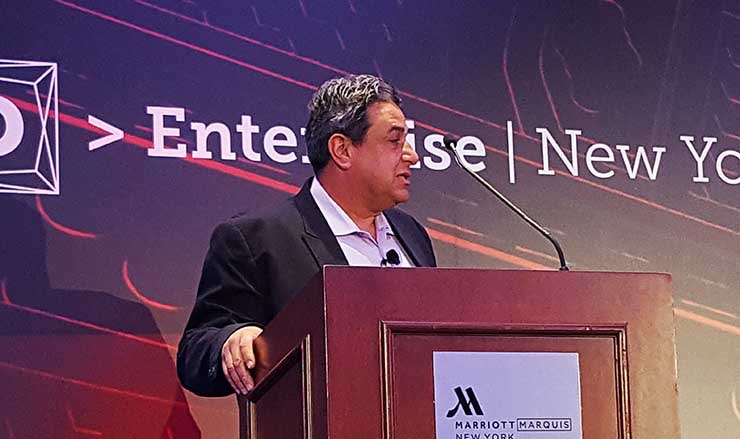 Yuval Bachar, the Principal Engineer for Data Center Architecture at LinkedIn, speaks at the DCD Edge conference in New York. (Photo: Rich Miller)