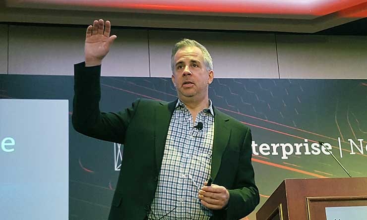 Jason Waxman, the VP and General Manager for Intel&rsquo;s Cloud Platforms Group, speaking at DCD Enterprise in New York. (Photo: Rich Miller)