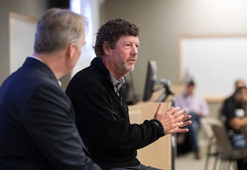 Former Sun Microsystems CEO Scott McNealy, speaks at the Infrastructure Masons Leadership Summit in San Jose. At left is iMasons founder Dean Nelson. (Photo: Ross Marlowe for Infrastructure Masons)