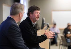 Former Sun Microsystems CEO Scott McNealy, speaks at the Infrastructure Masons Leadership Summit in San Jose. At left is iMasons founder Dean Nelson. (Photo: Ross Marlowe for Infrastructure Masons)