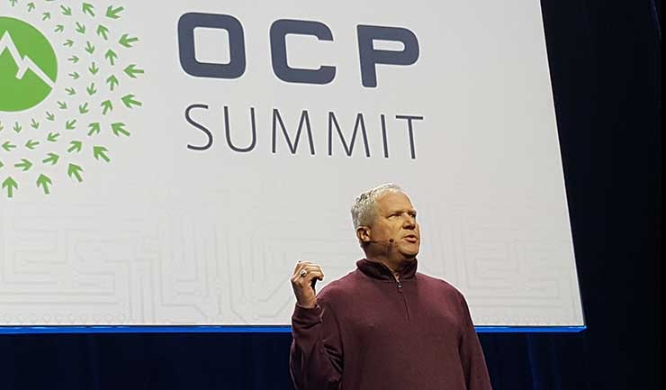 Open Compute Project Chairman and President Mark Roenigk speaks at the 2018 OCP Summit Tuesday in San Jose, Calif. (Photo: Rich Miller)