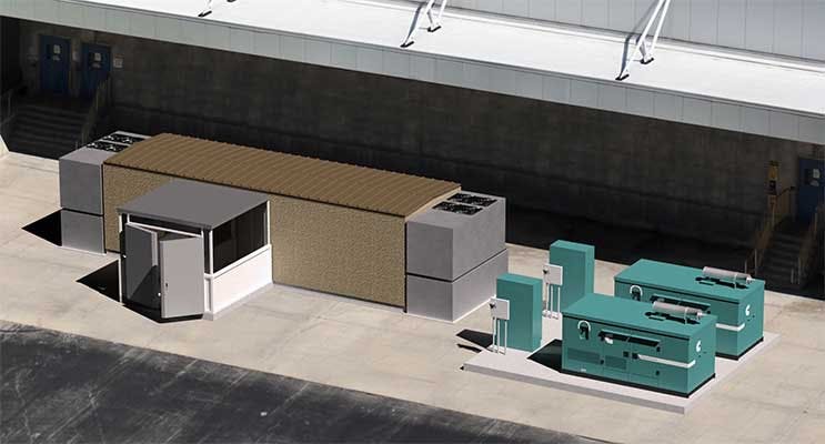 An illustration of a Compass EdgePoint data center housed at a corporate loading dock, with power infrastructure and secure entrance. (Image: Compass Datacenters)