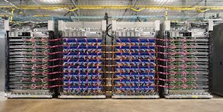 A Google &ldquo;TPU pod&rdquo; built with 64 second-generation TPUs delivers up to 11.5 petaflops of machine learning acceleration. (Photo: Google)