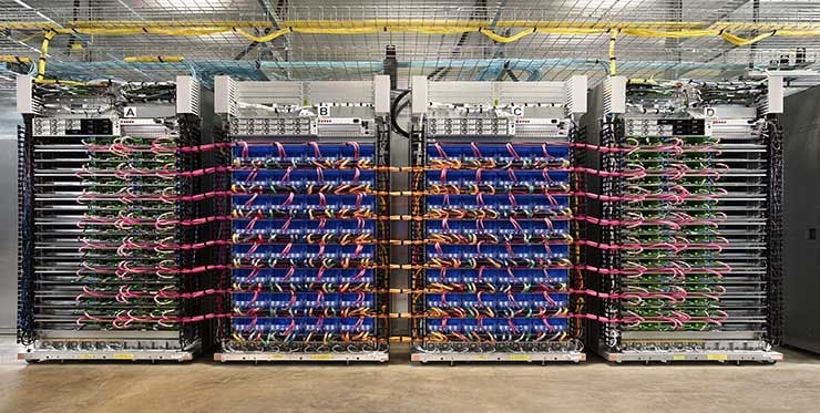 A Google &ldquo;TPU pod&rdquo; built with 64 second-generation TPUs delivers up to 11.5 petaflops of machine learning acceleration. (Photo: Google)