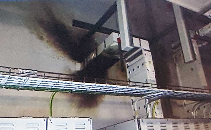 An overhead busway at the Facebook Lulea data center after an arc flash incident in 2014. The company presented about its incident response during this week&rsquo;s 7&times;24 Exchange Conference. (Image: Facebook)