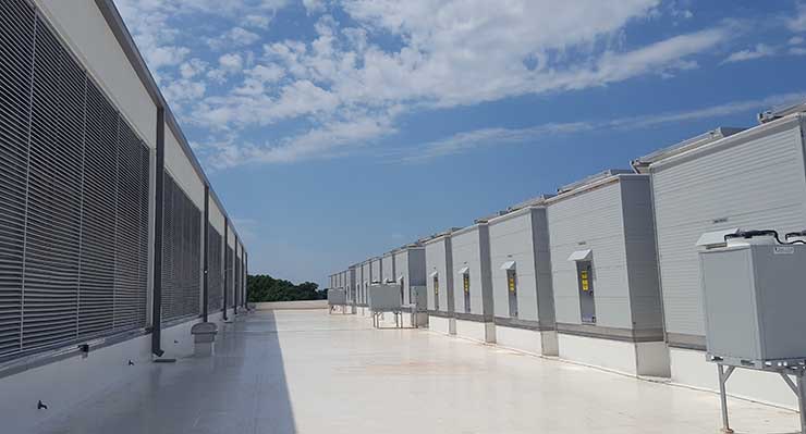 A view of the roof of the new CloudHQ data center in Manassas, Virginia shows some of the 152 Kyoto Cooling units supporting the facility. (Photo: Rich Miller)