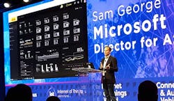 Microsoft’s Sam George discusses the company’s Azure IoT Edge platform in a presentation at the IoT World conference in Santa Clara. (Photo: Rich Miller) Microsoft’s Sam George discusses the company’s Azure IoT Edge platform in a presentation at the IoT World conference in Santa Clara. (Photo: Rich Miller)